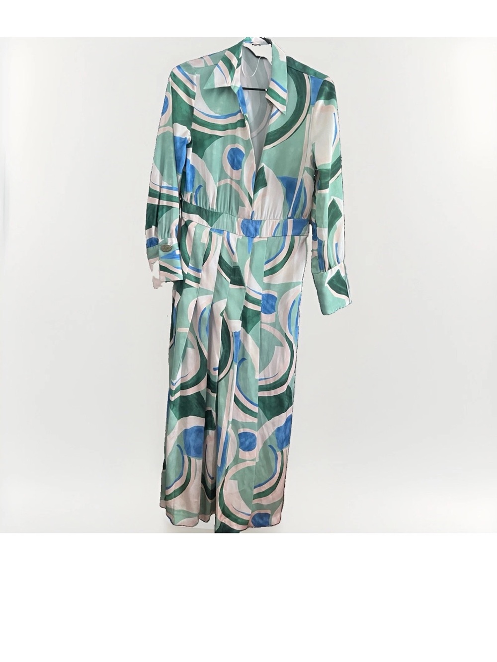 Zara Abstract Green & Blue Print Long Sleeve Dress Size S